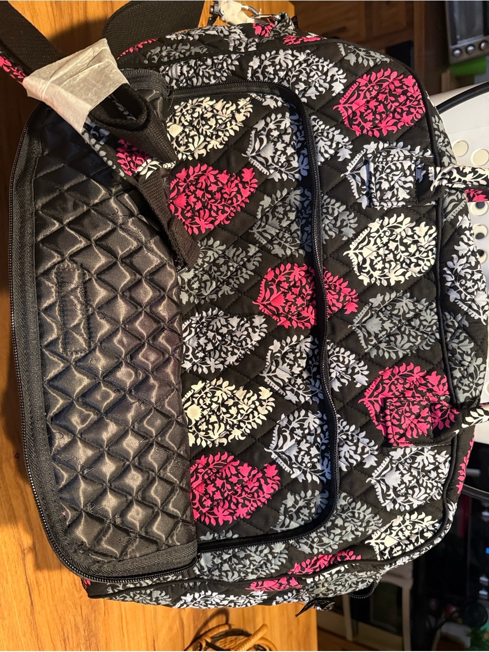 VERA BRADLEY Black Quilted Travel Bag with Pink & Gray Floral Medallions - Picture 3 of 6